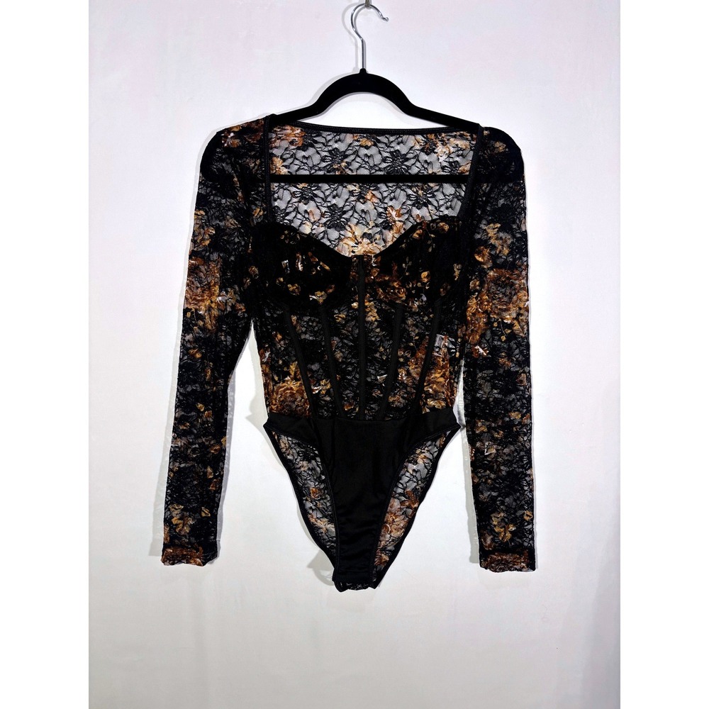Whimsigoth Floral Lace Corset Sheer Unbranded Bodysuit Women Size M Black Gold